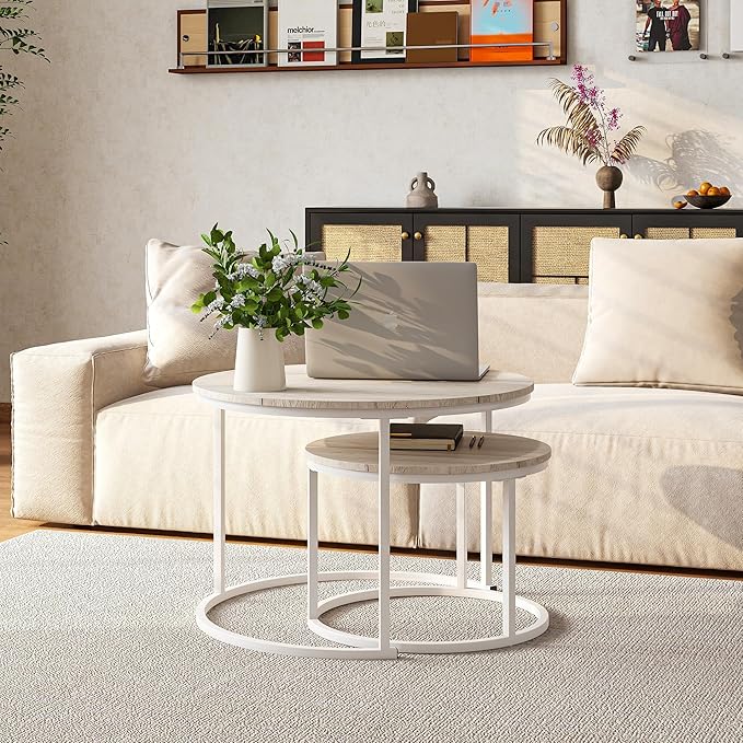 Round Coffee Table Set of 2 End Tables for Living Room,Modern White Coffee Table Nesting Tables,Living Room Tables Wood Furniture Metal Frame,Sturdy Stacking Side Tables,Easy Assembly,Oak