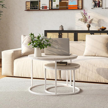 Round Coffee Table Set of 2 End Tables for Living Room,Modern White Coffee Table Nesting Tables,Living Room Tables Wood Furniture Metal Frame,Sturdy Stacking Side Tables,Easy Assembly,Oak