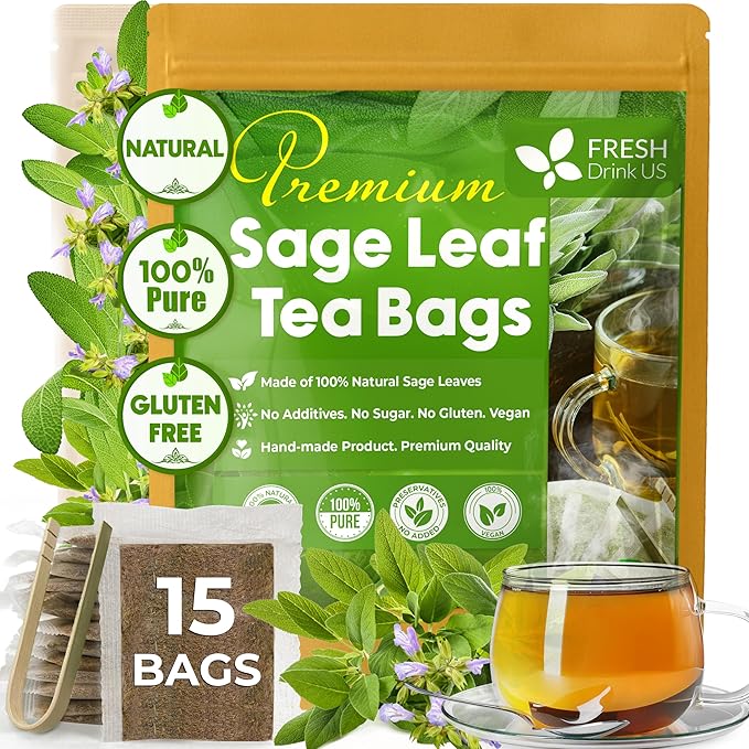 FreshDrinkUS, Premium 15 Sage Leaf Tea Bags, 100% Natural & Pure from Sage Leaves. Loose Leaf Herbal Tea. Made with Natural Material Tea Bags. No Sugar, No Caffeine, No Gluten, Vegan.