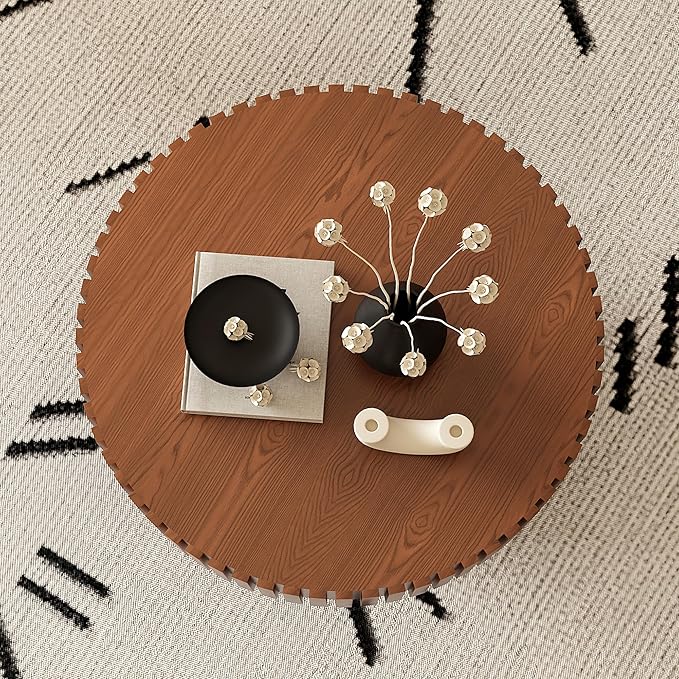 31.5" Round Drum Coffee Table, Modern Handcraft Fluted Drum Center Table, Wooden Round Coffee Table Center Table with Sturdy Pedestal for Living Room Apartment (Natural Wood)