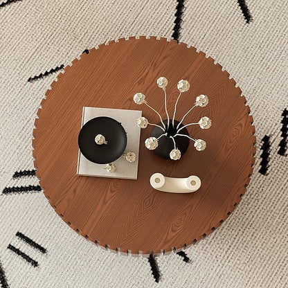 31.5" Round Drum Coffee Table, Modern Handcraft Fluted Drum Center Table, Wooden Round Coffee Table Center Table with Sturdy Pedestal for Living Room Apartment (Natural Wood)