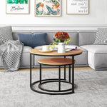 Load image into Gallery viewer, Industrial Round Coffee Table Set of 2 End Table for Living Room,Stacking Side Tables, Sturdy and Easy Assembly,Wood Look Accent Furniture with Metal Frame,Black+Teak OAKDK