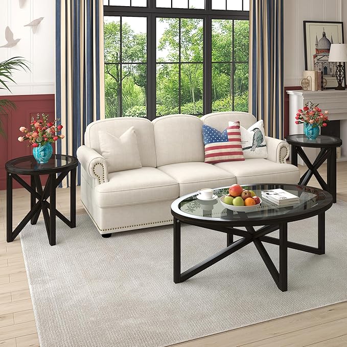 End Table Living Room Sofa Side Table Modern Simple Round Transparent Tempered Glass Top and Wood Base, Office Terrace Study Accent End Table, Black Brown