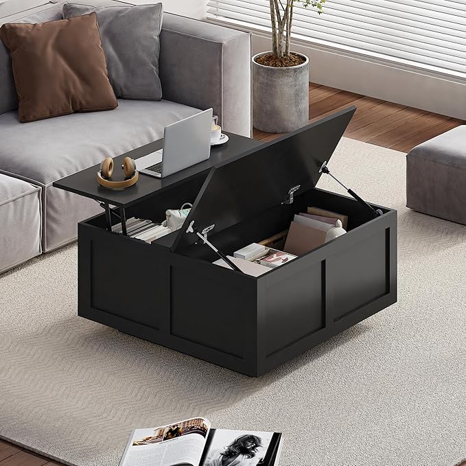 Lift Top Coffee Table with Storage, 31.5" Square Black Coffee Table with Large Hidden Storage, Wood Living Room Table Center Table for Living Room Dining Reception Room