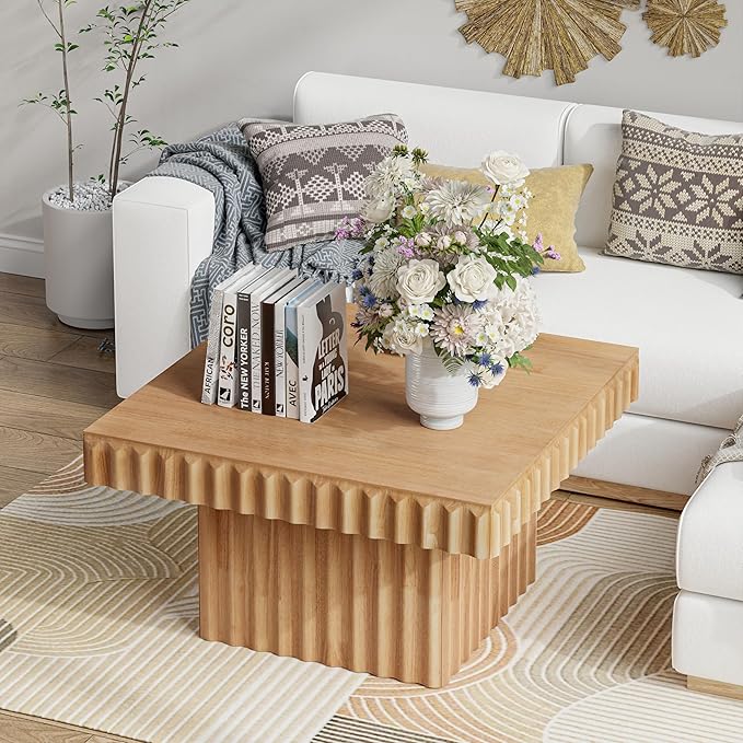 Modern Square Fluted Wood Coffee Table with Natural Oak Finish, Geometric Accent Table Chunk Table for Living Room, Sturdy Rectangular Minimalist Centerpiece, Brown, Farmhouse