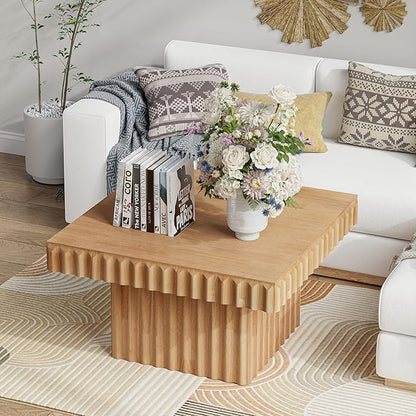 Modern Square Fluted Wood Coffee Table with Natural Oak Finish, Geometric Accent Table Chunk Table for Living Room, Sturdy Rectangular Minimalist Centerpiece, Brown, Farmhouse