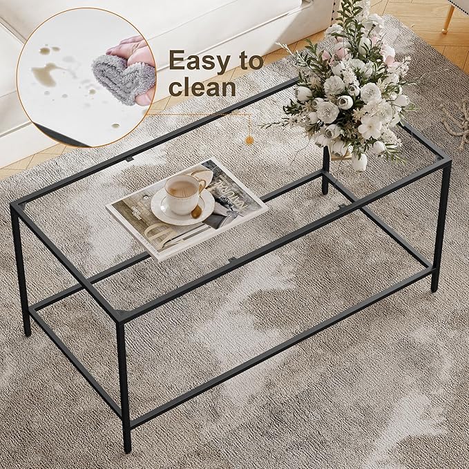 Glass Coffee Table, Modern Rectangular Coffee Table for Living Room, Minimalist Center Tea Table with Sturdy Metal Frame for Apartment, Office, Easy Assembly, 39.4 x 19.7 x 17.7 Inches, Black
