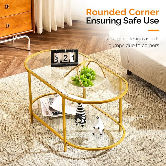VINGLI 38" Oval Coffee Table, Transparent Glass Metal Coffe Table for Home Decor, Modern Center Table with 2-Tier Storage, Long Coffee Tables for Living Room, Office, Small Space, Champagne Gold