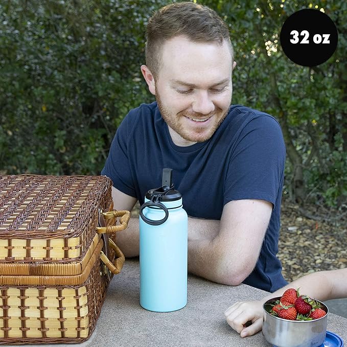 MIRA 32 oz Insulated Water Bottle - Stainless Steel Sports Flask with 2 Lids (Straw & Handle) - Cold Drink Thermo - Blue