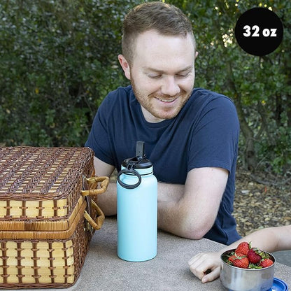 MIRA 32 oz Insulated Water Bottle - Stainless Steel Sports Flask with 2 Lids (Straw & Handle) - Cold Drink Thermo - Hawaiian Blue