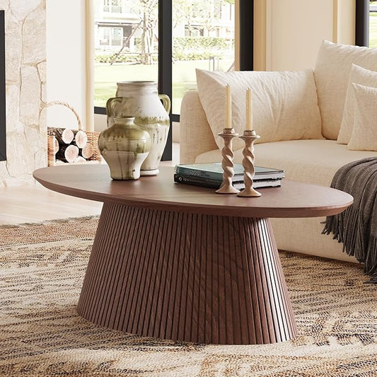 win2win Oval Coffee Table, Mid Century Modern Coffee Table with Fluted Design, Small Funky Tea Table with Wood Grain Veneer, Minimalist Center Table for Living Room, Apartment, Office, Walnut