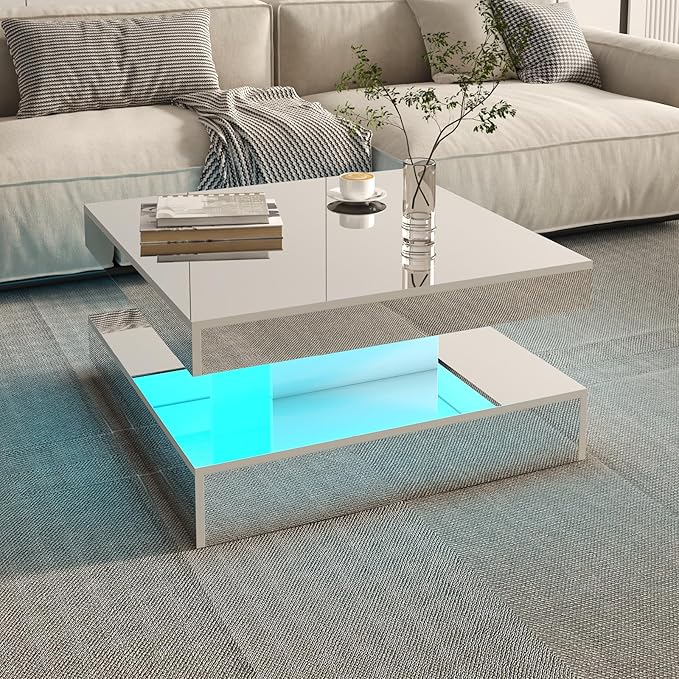 LED Coffee Table with Lights for Living Room Modern Mid Century Square Small Center Table with Storage Shelf Mirror Effect 2-Tier Apartment Office Bedroom Waiting Room Reception, Pet