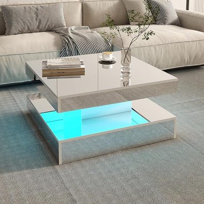 LED Coffee Table with Lights for Living Room Modern Mid Century Square Small Center Table with Storage Shelf Mirror Effect 2-Tier Apartment Office Bedroom Waiting Room Reception, Pet