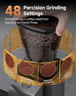 Load image into Gallery viewer, Anti-Static Espresso Grinder with Self-Cleaning Burr, 48 Precise Settings, Coffee Grinder for Home Use, Coffee Bean Grinder with Storage Box &amp; Dosing Cup, Less Mess, More Flavor,Black