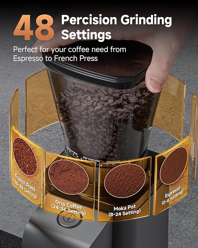 Anti-Static Espresso Grinder with Self-Cleaning Burr, 48 Precise Settings, Coffee Grinder for Home Use, Coffee Bean Grinder with Storage Box & Dosing Cup, Less Mess, More Flavor,Black