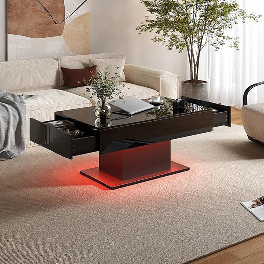 Black Led Coffee Table with 2 Storage Drawers for Living Room, Living Room Table Rectangular Center Table, Modern High Glossy Wooden Coffee Tables with Lights for Dining Reception Room