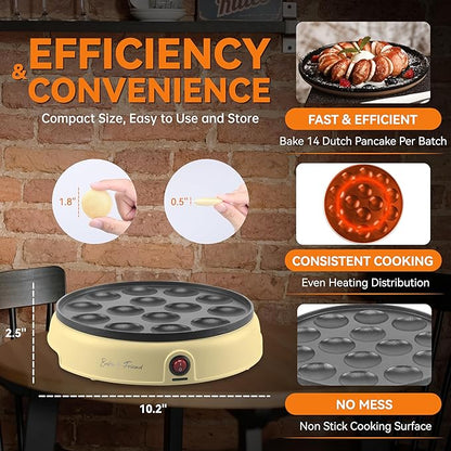 Baker's Friend Mini Pancakes Maker Machine, Dutch Mini Pancake Griddle, 14 Holes Electric Poffertjes Pan, Ideal for Breakfast, Snacks, Desserts & More, Yellow