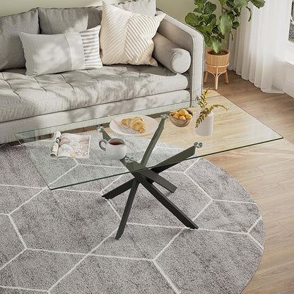 Tempered Glass Coffee Table with Metal Legs, Rectangle Modern Living Room Table for Home Office Living Room (Black, 47.3”x23.6”x18”)