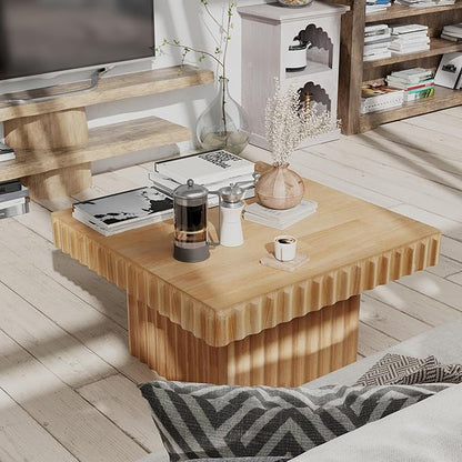 Modern Square Fluted Wood Coffee Table with Natural Oak Finish, Geometric Accent Table Chunk Table for Living Room, Sturdy Rectangular Minimalist Centerpiece, Brown, Farmhouse