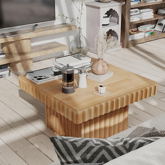 Modern Square Fluted Wood Coffee Table with Natural Oak Finish, Geometric Accent Table Chunk Table for Living Room, Sturdy Rectangular Minimalist Centerpiece, Brown, Farmhouse