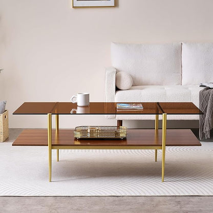 Extra Large Rectangle Glass Coffee Table, Mid-Century Modern Design for Living Room, L47 x W24 x H17, Amber Glass Top and Walnut MDF Shelf, Sleek Conical Metal Legs with Gold Finish