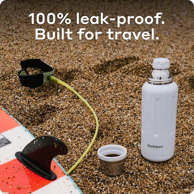 BOBBER 34 oz Stainless Steel Travel Thermos for Hot and Cold Drinks – Dishwasher Safe Metal Water Bottle with Cup Lid – Keeps Hot for 48 Hours – BPA-Free, Vacuum Insulated (White)