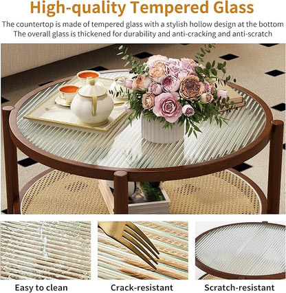 Rattan Round Coffee Table for Living Room, 32" Boho Circle Table with Tempered Glass Desktop Rustic Solid Wood Farmhouse Accent Center Storage Table (Walnut, 31.5" D x 31.5" W x 17" H)