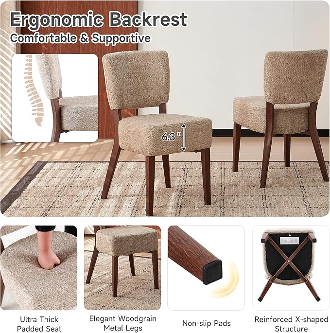 Howtek Modern Dining Chairs Set of 2 with 6.3" Thick Seat Cushions, Space-Saving Stackable Upholstered Kitchen Chairs, Ergonomic Backrest & Metal Legs, Brown