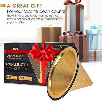 Compatible with Hario V60, Chemex Pour Over Coffee Filter - Wide Metal Base Reusable Stainless Steel Coffee Dripper - Paperless Coffee Filter for Sustainable Brewing