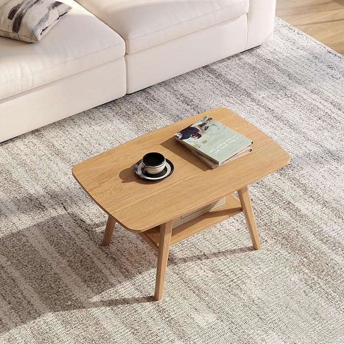 Small Coffee Table for Living Room, 2-Tier Mid Century Modern Small Tables with Shelf Storage, Storage Coffee Table with Rounded Corners (Solid Oak Wood Log Color, 31.5'' L)