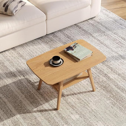 Small Coffee Table for Living Room, 2-Tier Mid Century Modern Small Tables with Shelf Storage, Storage Coffee Table with Rounded Corners (Solid Oak Wood Log Color, 31.5'' L)