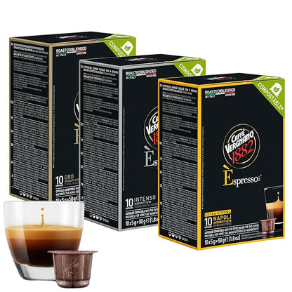 Caffe' Vergnano Medium Roast Espresso Bundle - Original Line Machine Compatible Arabica Robusta Italian Coffee For Nespresso Coffee Machines, Oro, Intenso, Napoli - 10 of Each Flavor (30 Capsules)