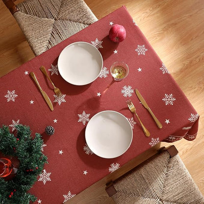 Designer Christmas Red Rectangular Tablecloth,Linen Table Cloth with Snowflakes Pattern,Wrinkle Resistant Decor Tablecloths for Dining Kitchen Thanksgiving Christmas,55"*87"-Carol C