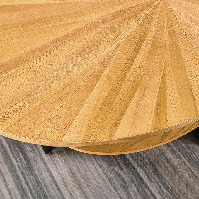 Solid Wood Oval Coffee Table with Cross Metal Legs, 43.3in Modern Industrail Center Table with Open Shelf Cocktail Tea Table for Living Room Bedroom, Natural Wood Color KFZ-1811-OA