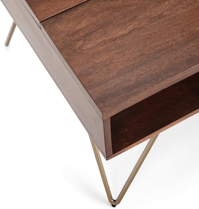 SIMPLIHOME Hunter Lift Top Coffee Table - 48 inch Wide Solid Mango Wood and Metal Industrial Cocktail Table in Umber Brown, Functional Living Room Table with 2 Storage Cubbies and Hairpin Legs