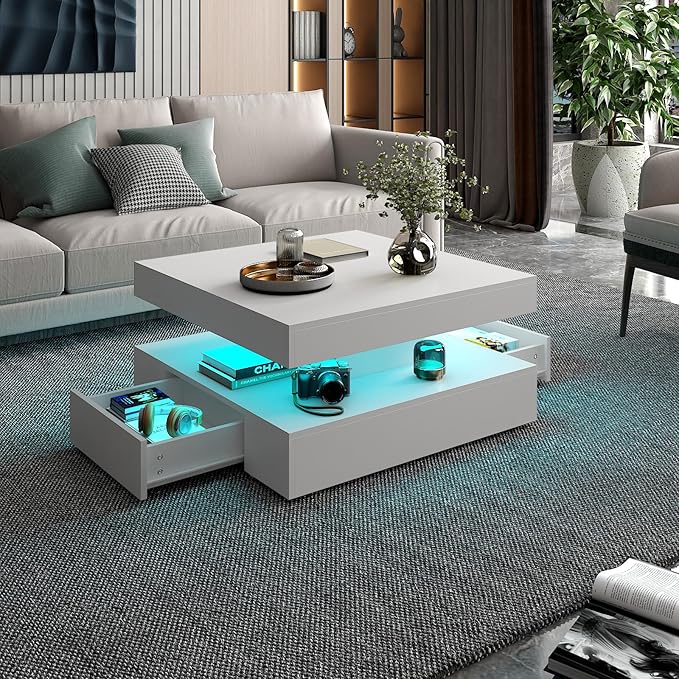 White LED Coffee Table with 2 Storage Drawers for Living Room Square Center Middle Table Modern Cocktail Table with Light 2-Tier Tea Tables Contemporary Mid Century Wood Home Office Waiting Room