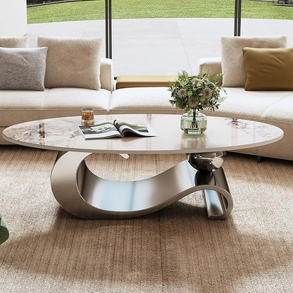 Marble Grain Coffee Table with Gold Stainless Steel Pedestal,Modern Coffee Tables,Oval Living Room Table with Faux Marble Top & Luxury Legs,Sintered Stone Cocktail Center Table,49.2 inch