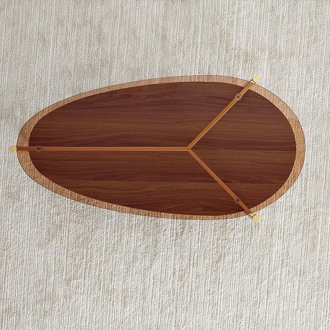 Oval Glass Coffee Table, Mid-Century Modern Design, L43 x W21 x H17 inch, for Living Room, 2-Tier Structure, Amber Glass Top, Walnut Finish Wood Shelf & Gold Finish Frame