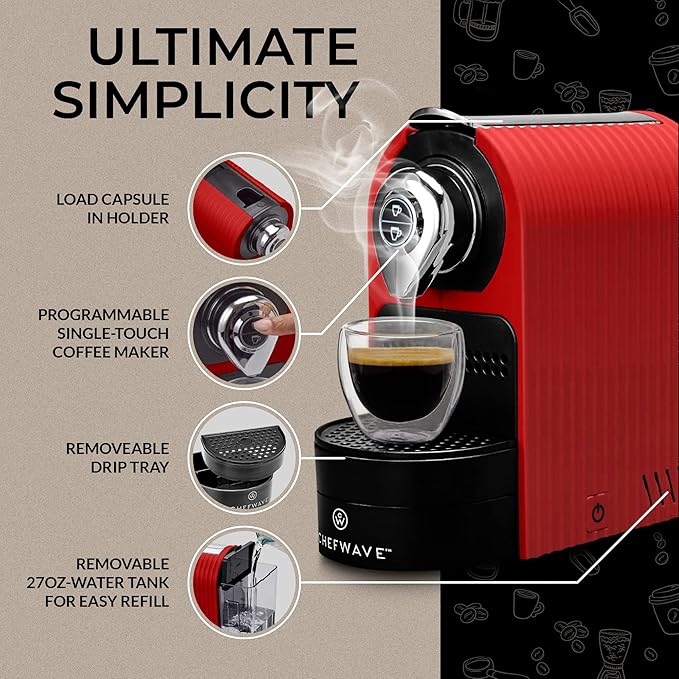 ChefWave Espresso Machine for Nespresso Compatible Capsules (Red) Bundle with Capsule Holder, 2 Glass Cups and Descaling Powder (2 Items)