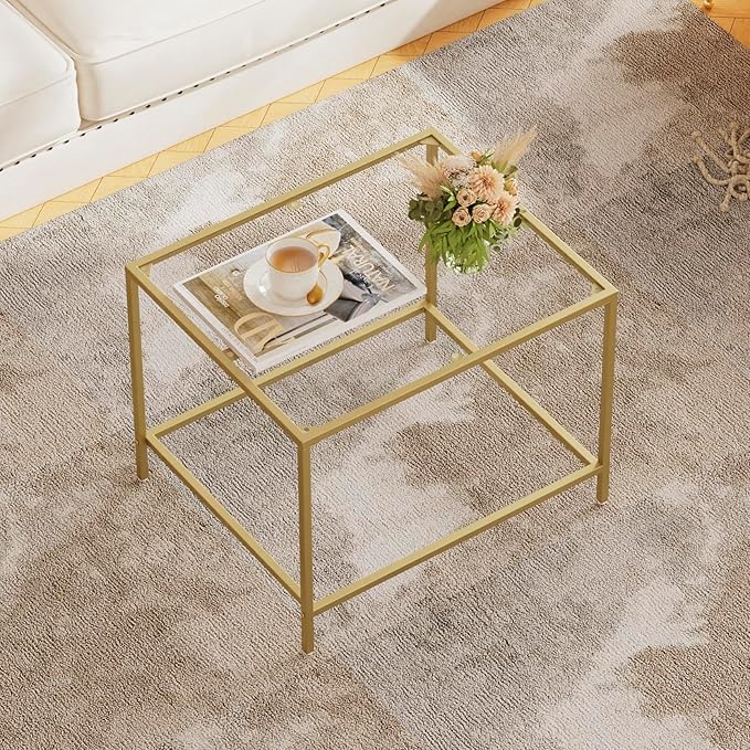 Glass Coffee Table, Modern Rectangular Coffee Table for Living Room, Minimalist Center Tea Table with Sturdy Metal Frame for Apartment, Office, Easy Assembly, 23.6 x 19.7 x 17.7 Inches, Golden
