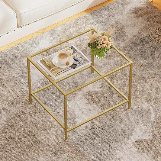 Glass Coffee Table, Modern Rectangular Coffee Table for Living Room, Minimalist Center Tea Table with Sturdy Metal Frame for Apartment, Office, Easy Assembly, 23.6 x 19.7 x 17.7 Inches, Golden