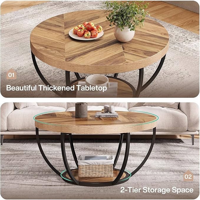 Tribesigns 31.7" Round Industrial Coffee Table with 2-Tier Storage Shelves, Modern Wood & Black Metal Accent Center Table for Living Room, Home Office – Easy Assembly