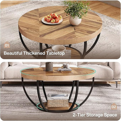Tribesigns 31.7" Round Industrial Coffee Table with 2-Tier Storage Shelves, Modern Wood & Black Metal Accent Center Table for Living Room, Home Office – Easy Assembly