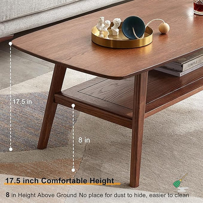 Modern Solid Wood Coffee Table, 2-Tier Small Wooden Coffee Table with Storage Shelf for Living Room, Apartment, Office, Walnut (48''D x 22''W x 18''H)