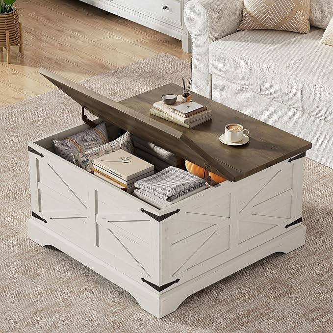 Furnideco 35.5''W Square Coffee Table Farmhouse Lift top Coffee Table with Large Hidden Storage, Wood Center Table for Living Room, Home Office, Brown Top