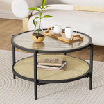 Load image into Gallery viewer, 29.5" Round Coffee Table, Black Rattan &amp; Glass 2-Tier Modern Boho Side Table for Living Room, Mid Century Accent Table with Lower Shelf 29.5" D x 16.5" H
