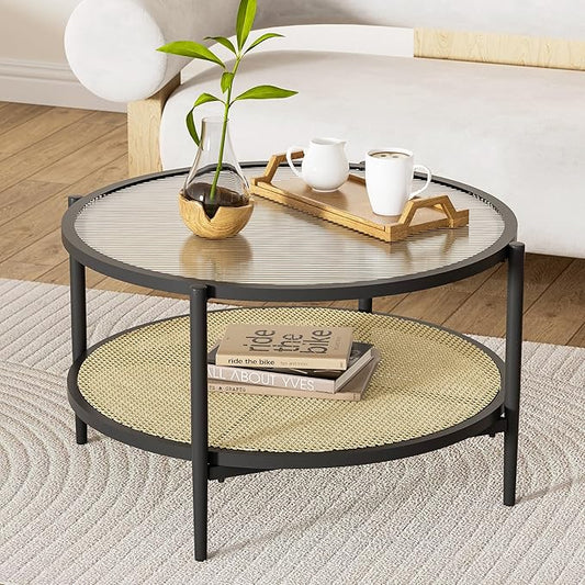 29.5" Round Coffee Table, Black Rattan & Glass 2-Tier Modern Boho Side Table for Living Room, Mid Century Accent Table with Lower Shelf 29.5" D x 16.5" H