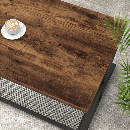 IBF Rustic Brown Coffee Table with Storage, Farmhouse Wood Metal Rectangle Living Room Table, Industrial Middle Center Table with Mesh Shelf, Rustic Brown,47 in