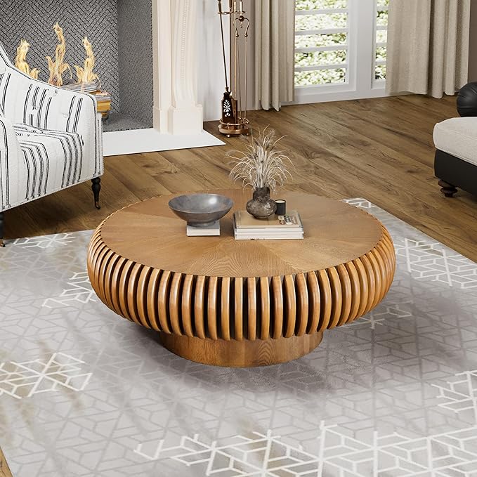 Round Fluted Coffee Table Modern Handcraft Drum Coffee Table with Sturdy Pedestal 31.5" Farmhouse Center Table Tea Table for Living Room, Reception Room, Entertainment Room (Brown 31.5 inch)