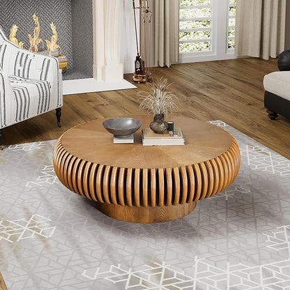 Round Fluted Coffee Table Modern Handcraft Drum Coffee Table with Sturdy Pedestal 31.5" Farmhouse Center Table Tea Table for Living Room, Reception Room, Entertainment Room (Brown 31.5 inch)